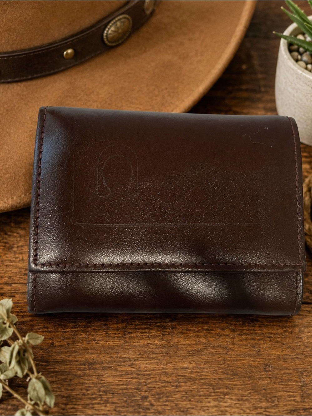 Vintage Brown Leather Trifold Wallet Western Longhorn Logo Compact Card Holder